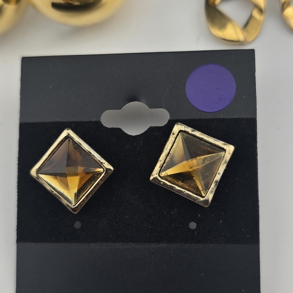 Set of 3 Gold Tone Earrings – Hoops, Chain Dangles & Geometric Studs - Picture 2 of 4